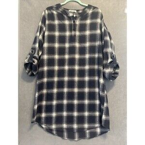 Kate Kasin Plaid Flannel Dress Womens Size XL NAVY White Fall Cozy Long Sleeve